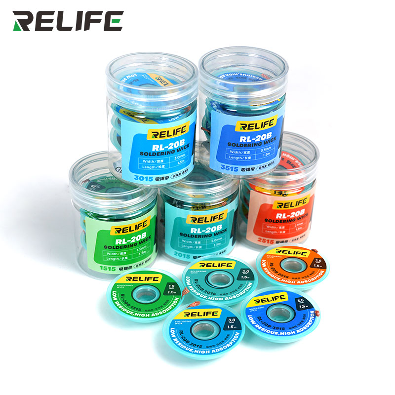 RELIFE RL-20B Desoldering Wire - Efficient Cleansing with Low Residue for Cellular Cellphone PCB Tin Elimination and Welding Restore, 5 Items per Pack