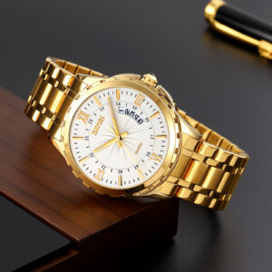 Skmei 9069 OEM Wholesale Males’s Quartz Wristwatch – Waterproof Gold Basic Stainless Metal Style Timepiece