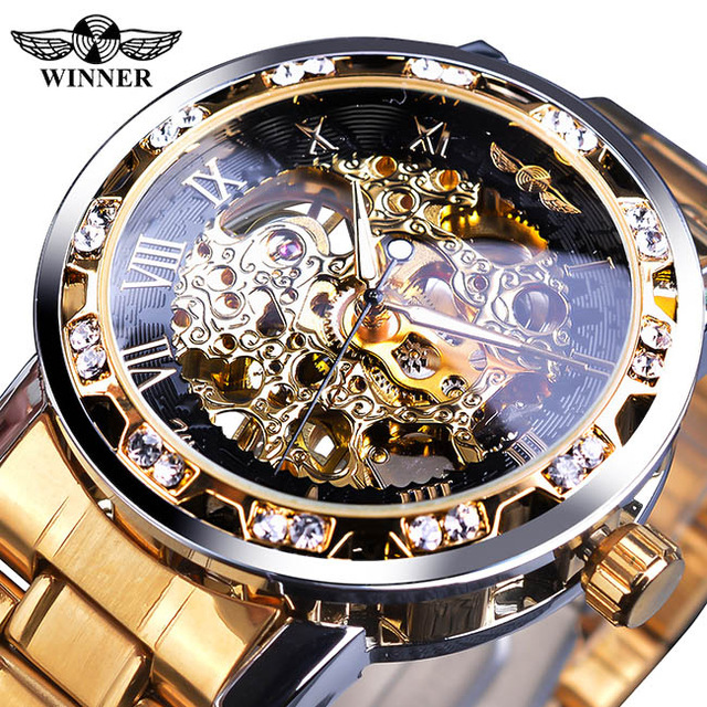 Winner Males's Luxurious Clear Style Diamond Luminous Mechanical Skeleton Watch with Royal Design