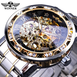 Winner Males’s Luxurious Clear Style Diamond Luminous Mechanical Skeleton Watch with Royal Design